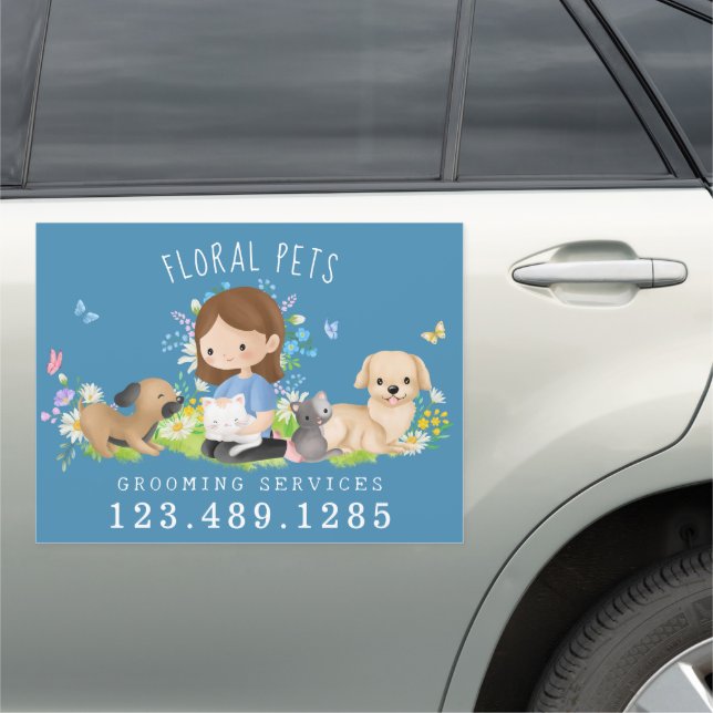 Floral Dog & Cat Pet Care Services Grooming Blue Car Magnet (In Situ)