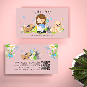 Floral Dog & Cat Pet Care Services Grooming Pink Business Card