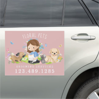 Floral Dog & Cat Pet Care Services Grooming Pink Car Magnet