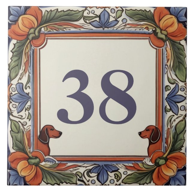 Floral Dog Custom House Number Plate Sign Plaque Ceramic Tile (Front)