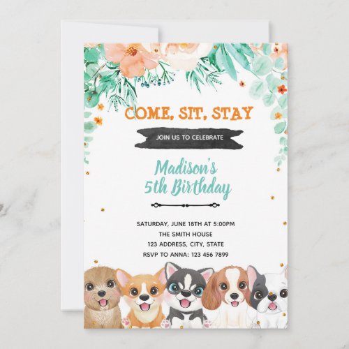 Floral dogs birthday invitation
