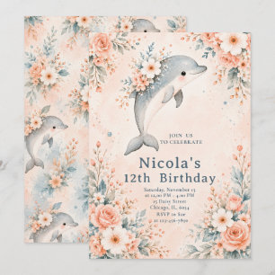 Floral Dolphin Birthday Invitation