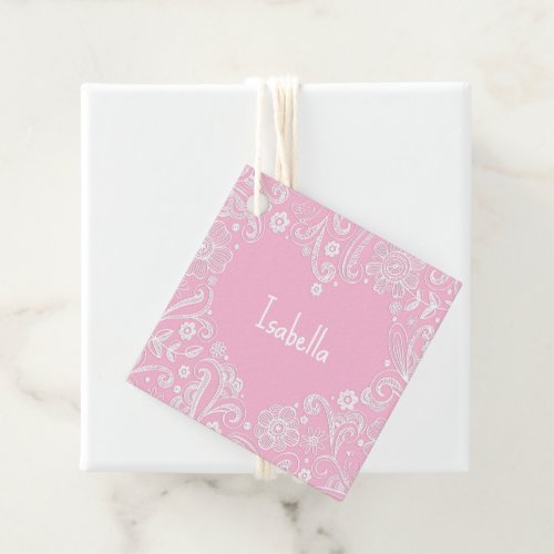 Floral Doodle Art Whimsical Heart Pink NAME Love Favor Tags