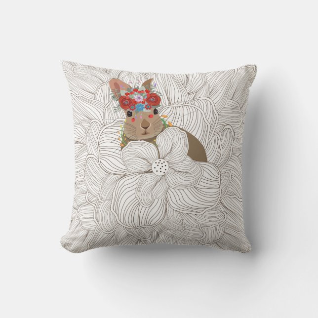 Floral Doodle Bunny Rabbit | Easter Holidays Throw Pillow (Front)