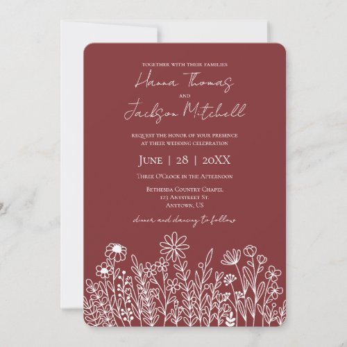 Floral Doodle Casual Rustic Wine Red Wedding Invitation