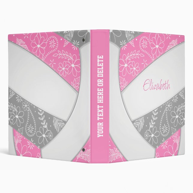 floral doodle feather paisley pink gray volleyball 3 ring binder (Background)