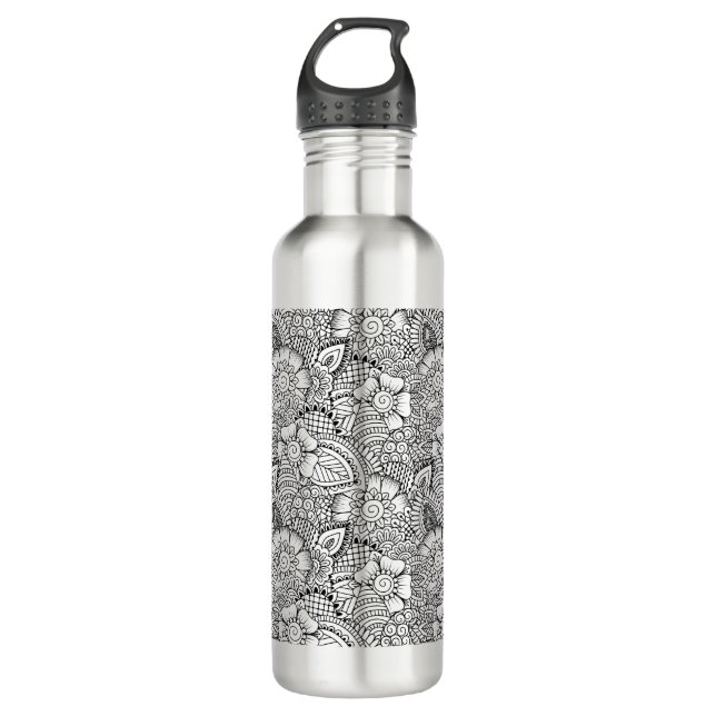 Floral Doodle Pattern Stainless Steel Water Bottle (Front)