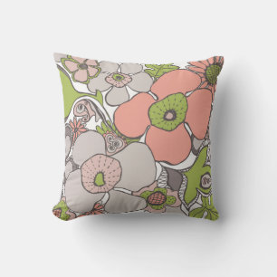 Floral Doodle Pillow Salmon Blush Pink Beige Green