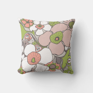 Floral Doodle Pillow Salmon Blush Pink Green Brown
