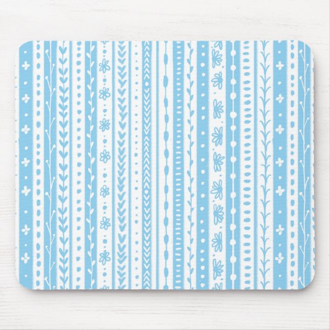 Floral doodle stripes in baby blue and white mouse pad (Front)