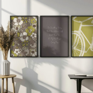 Floral Doodles Bike & Quote Lime Green Beige Brown Wall Art Sets