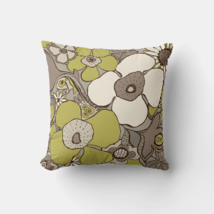Floral Doodles Lime Green Beige Taupe Cream Brown Throw Pillow