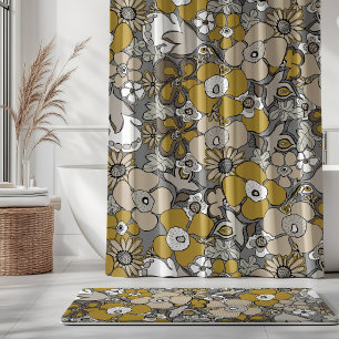 Floral Doodles Mustard Beige Taupe Grey Black Shower Curtain