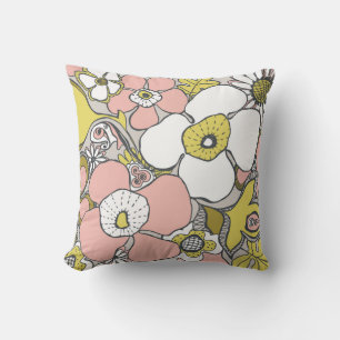 Floral Doodles Mustard Yellow Pink Beige Taupe Throw Pillow