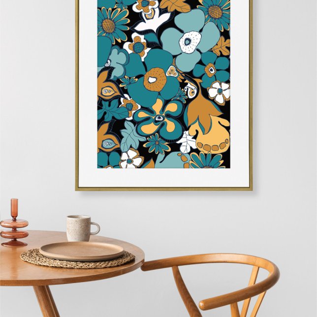 Floral Doodles mustard yellow teal aqua blue Framed Art (Creator Uploaded)