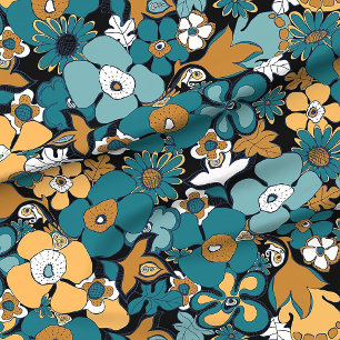 Floral Doodles mustard yellow teal blue aqua  Fabric