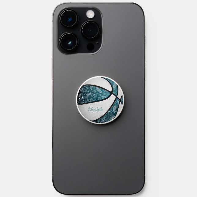 Floral doodles pattern teal girls boho basketball PopSocket (Front)