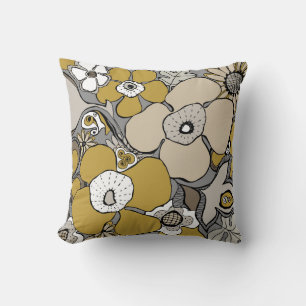 Floral Doodles Pillow Mustard Beige Grey Brown