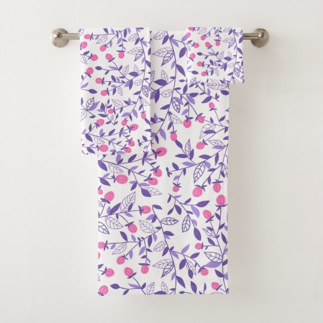Floral doodles pink and violet bath towel set (Insitu)