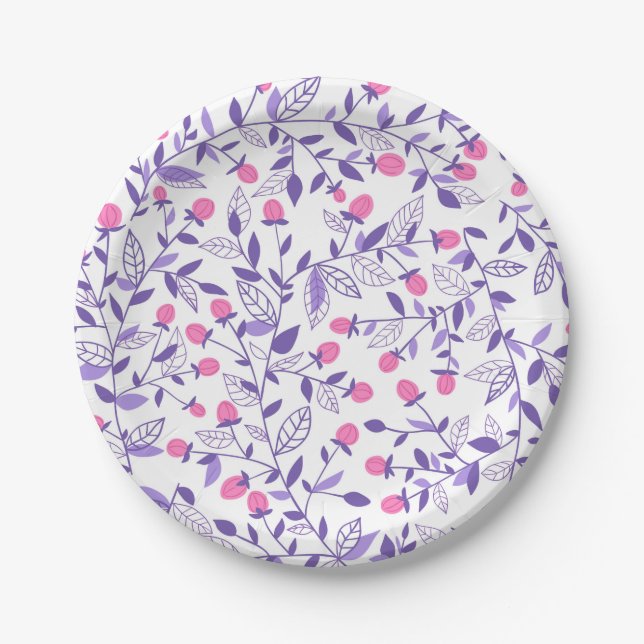 Floral doodles pink and violet paper plates (Front)