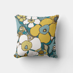 Floral Doodles Teal Blue Brown Mustard Yellow Throw Pillow