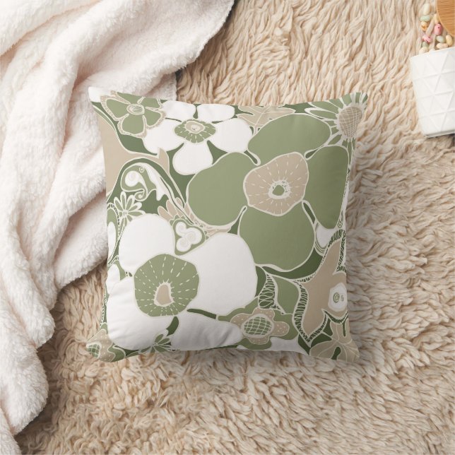 Floral Doodles Throw Pillow Sage Olive Beige White (Blanket)