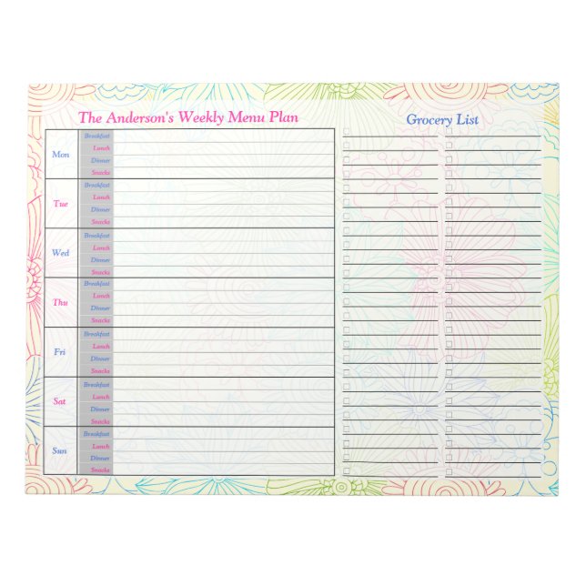 Floral Doodles Weekly Personalized Menu Plan Notepad (Front)