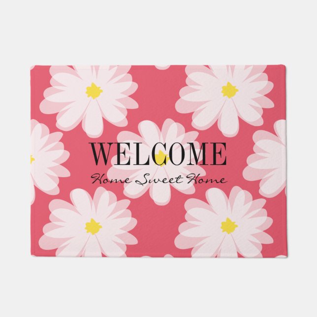 Floral door mat with daisy flowers and custom text (Front)