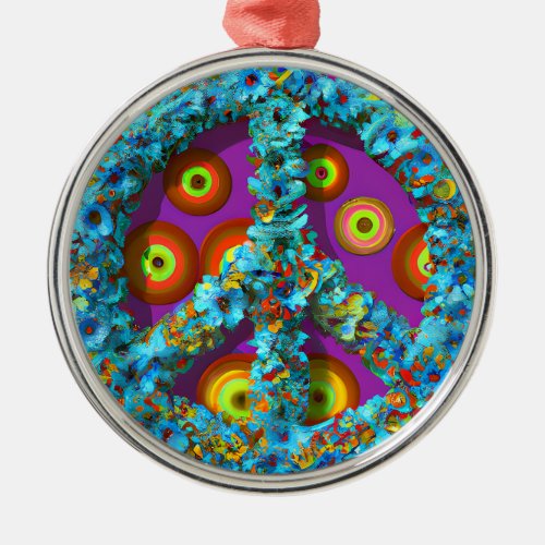 Floral Dots Peace Sign Hippie Style Metal Ornament