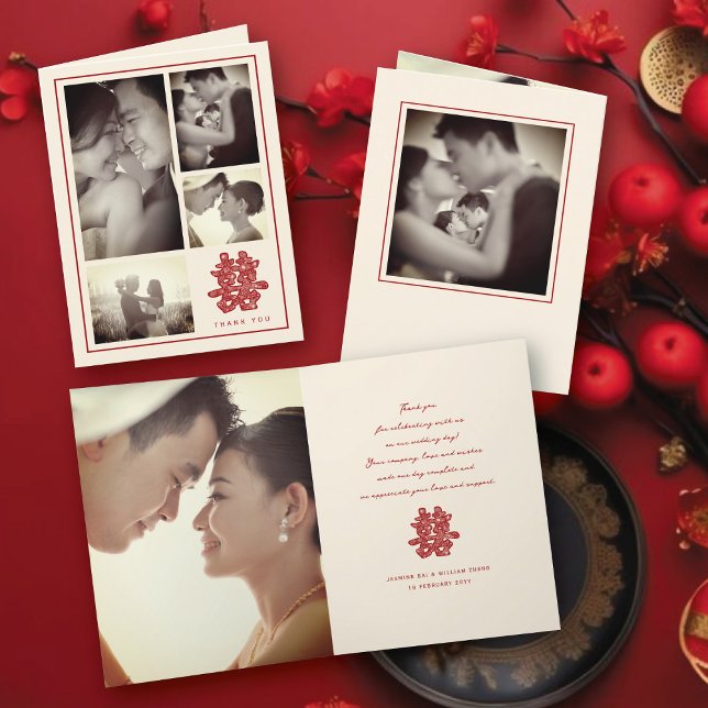 Floral Double Happiness Chinese Wedding 4 Photo Thank You Card (Red/Ivory Floral Papercut Elegant Double Happiness Chinese Wedding 4 Photo Thank You Folded Card)