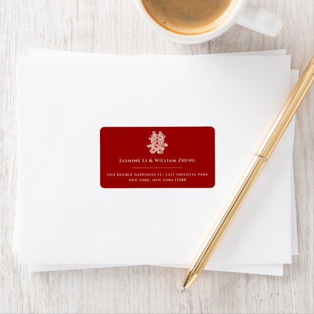 Floral Double Happiness Chinese Wedding Address Label (Insitu)