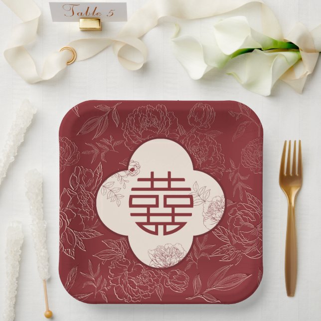 Floral Double Happiness Chinese Wedding Paper Plates (Wedding)