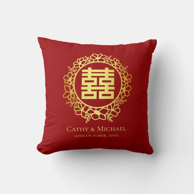 Floral double happiness for tea ceremony red throw pillow (Front)