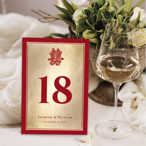 Floral Double Happiness Gold Foil Chinese Wedding Table Number