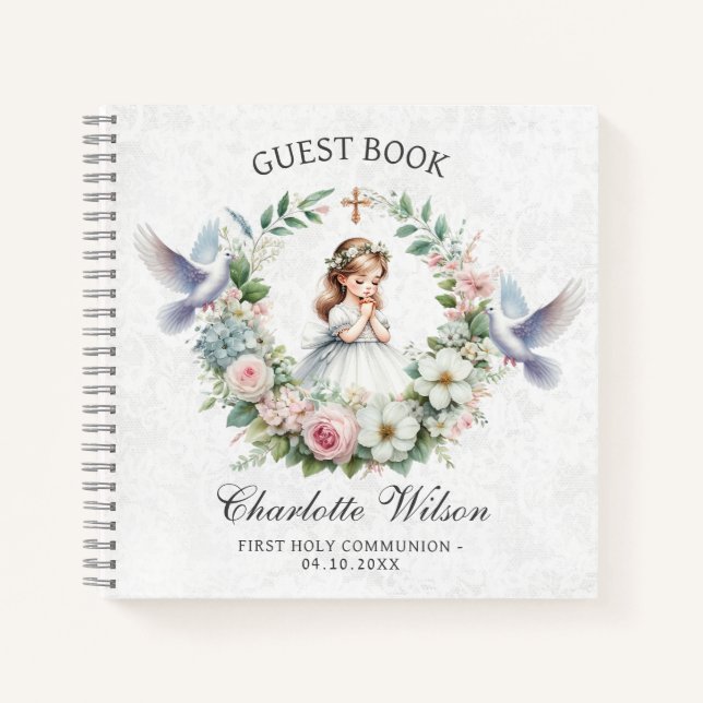 Floral Doves First Holly Communion Guest Book (Front)