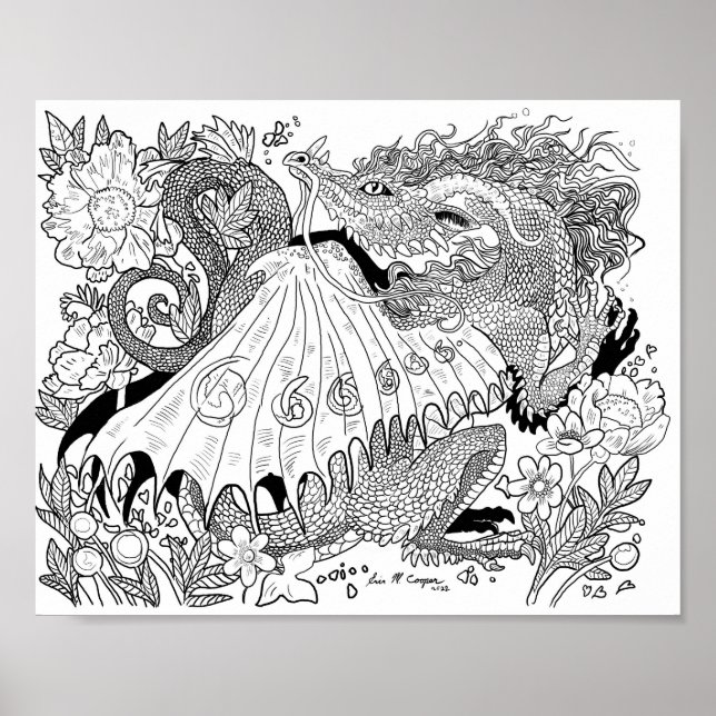 Floral Dragon Coloring Page Poster (Front)