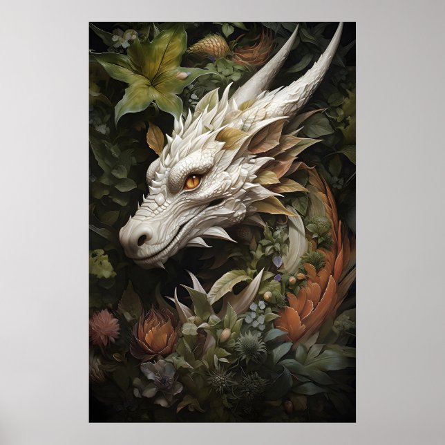 Floral Dragon Wall Print, Mystical Dark Academia Poster (Front)
