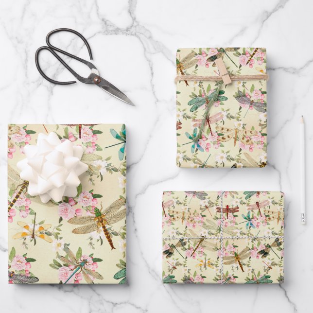 Floral Dragonflies Wrapping Paper Sheets (Front)