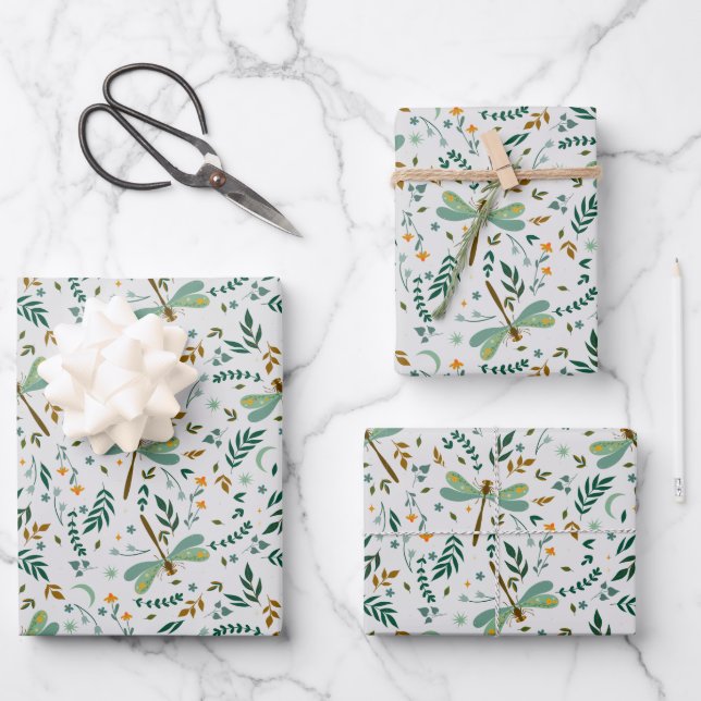Floral Dragonfly Ferns Leaves Pattern Gift Wrapping Paper Sheets (Front)
