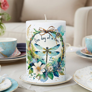 Floral dragonfly One day at a time Pillar Candle