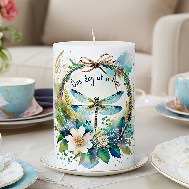 Floral dragonfly One day at a time Pillar Candle (Creator Uploaded)
