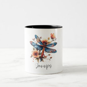 Floral Dragonfly Watercolor Personalized Name Two-Tone Coffee Mug