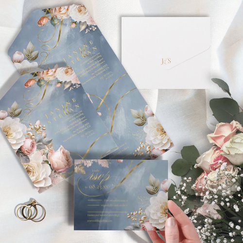 Floral Drama Wedding Blue ID1022 All In One Invitation