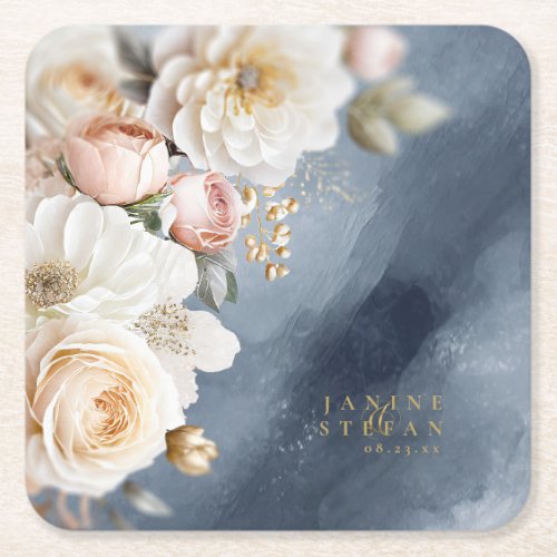 Floral Drama Wedding Blue ID1022 Square Paper Coaster