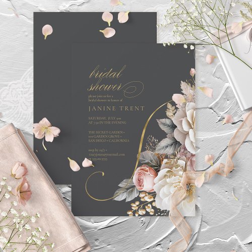 Floral Drama Wedding Bridal Shower Charcoal ID1022 Invitation