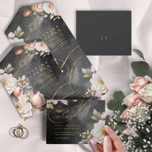 Floral Drama Wedding Charcoal ID1022 All In One Invitation