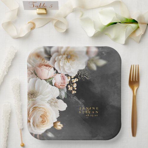 Floral Drama Wedding Charcoal ID1022 Paper Plates