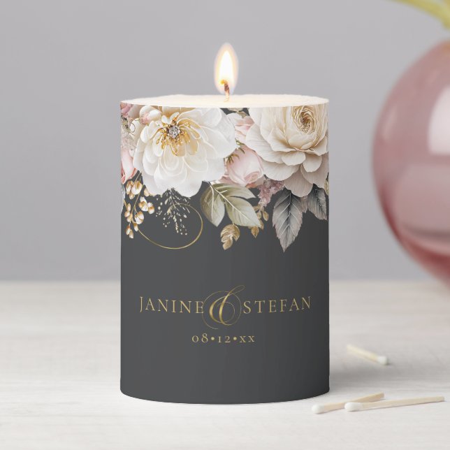Floral Drama Wedding Charcoal ID1022 Pillar Candle (In Situ)