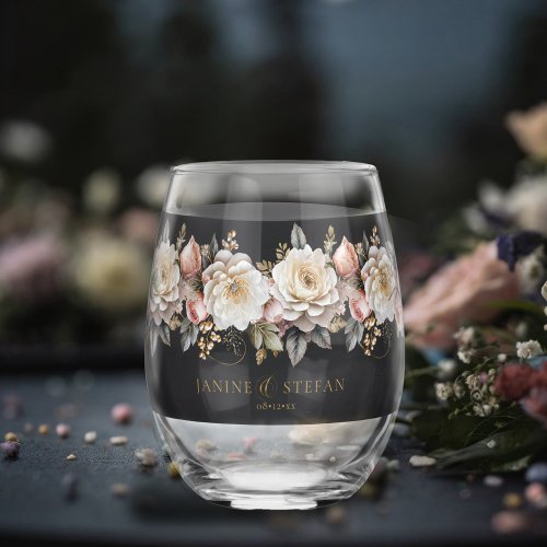Floral Drama Wedding Charcoal ID1022 Stemless Wine Glass