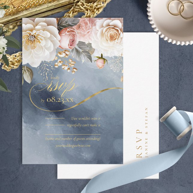 Floral Drama Wedding Dusty Blue ID1022 RSVP Card (Creator Uploaded)
